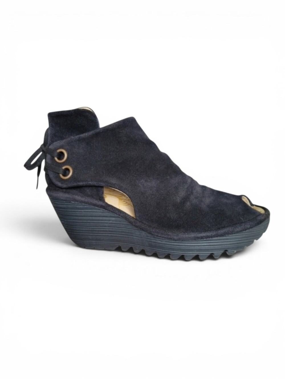 Fly London YEMA Peep Toe Tie Back Wedge Heels with Black Suede 6.5